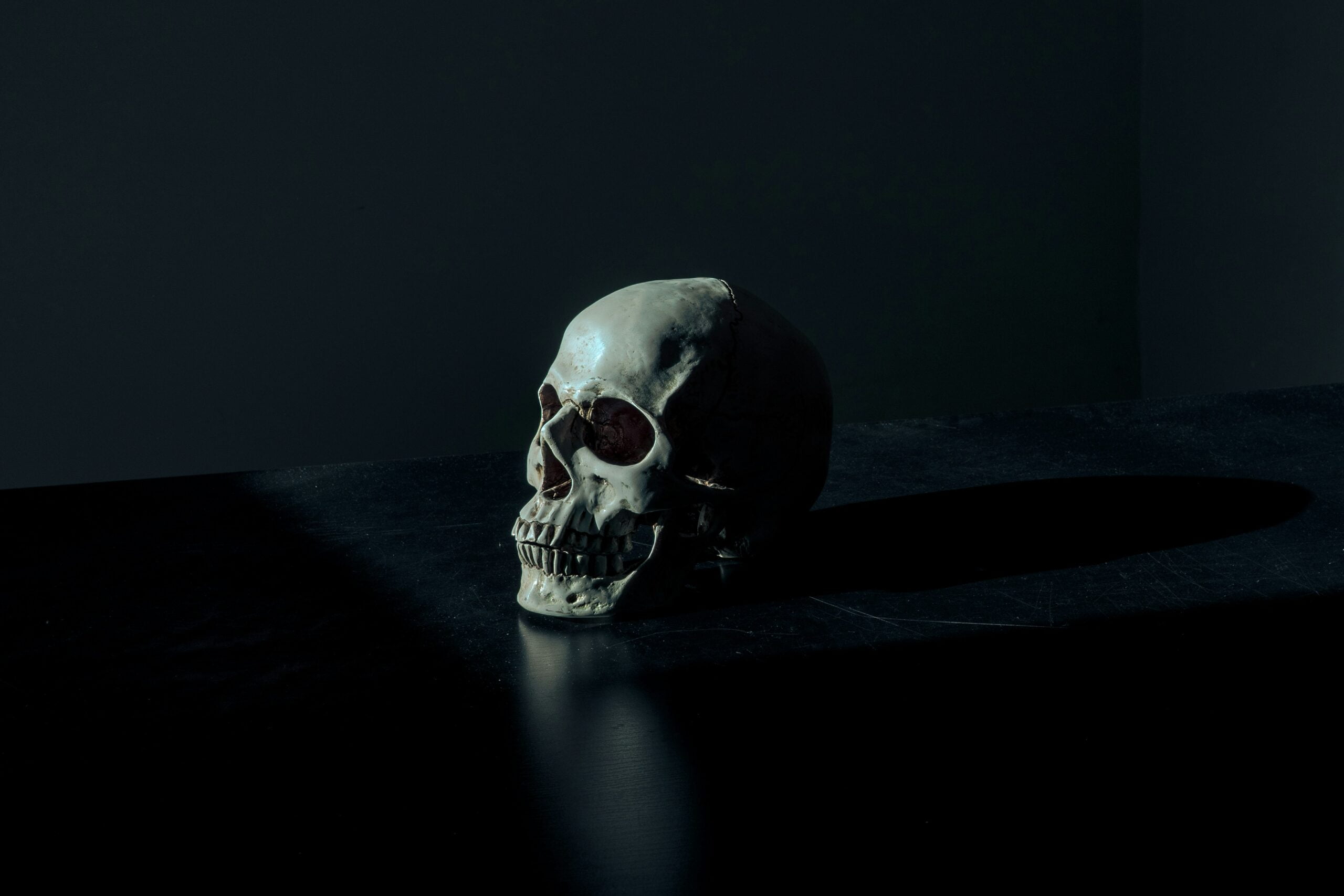 Death, white and black skull figurine on black surface